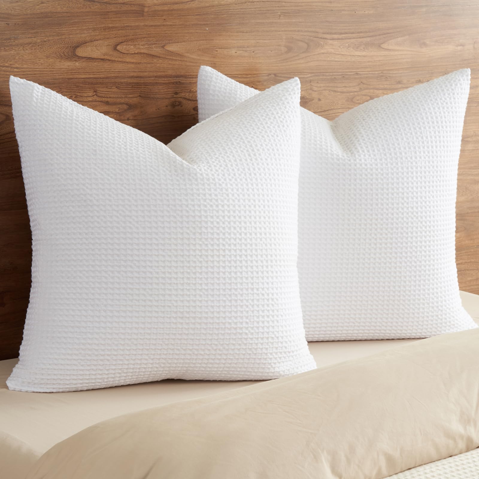 PHF 100% cotton waffle euro sham cover showcases a crisp white finish ideal for bed or sofa.