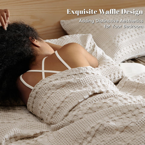 PHF waffle blanket on sofa ready for relaxed lounging and naps.