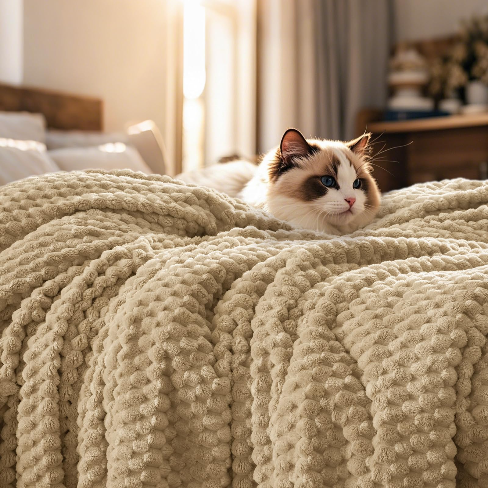 PHF Ultra Soft Flannel Fleece Blanket king size in khaki, ideal for cozy beds