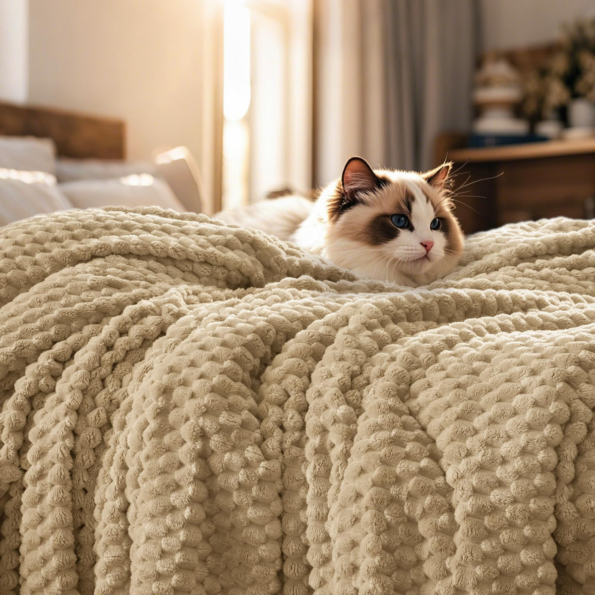 PHF Ultra Soft Flannel Fleece Blanket, queen 90x90, khaki, cozy warmth