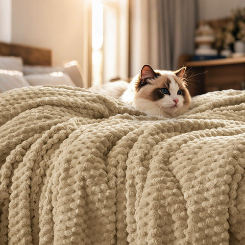 PHF Ultra Soft Flannel Fleece Blanket, queen 90x90, khaki, cozy warmth