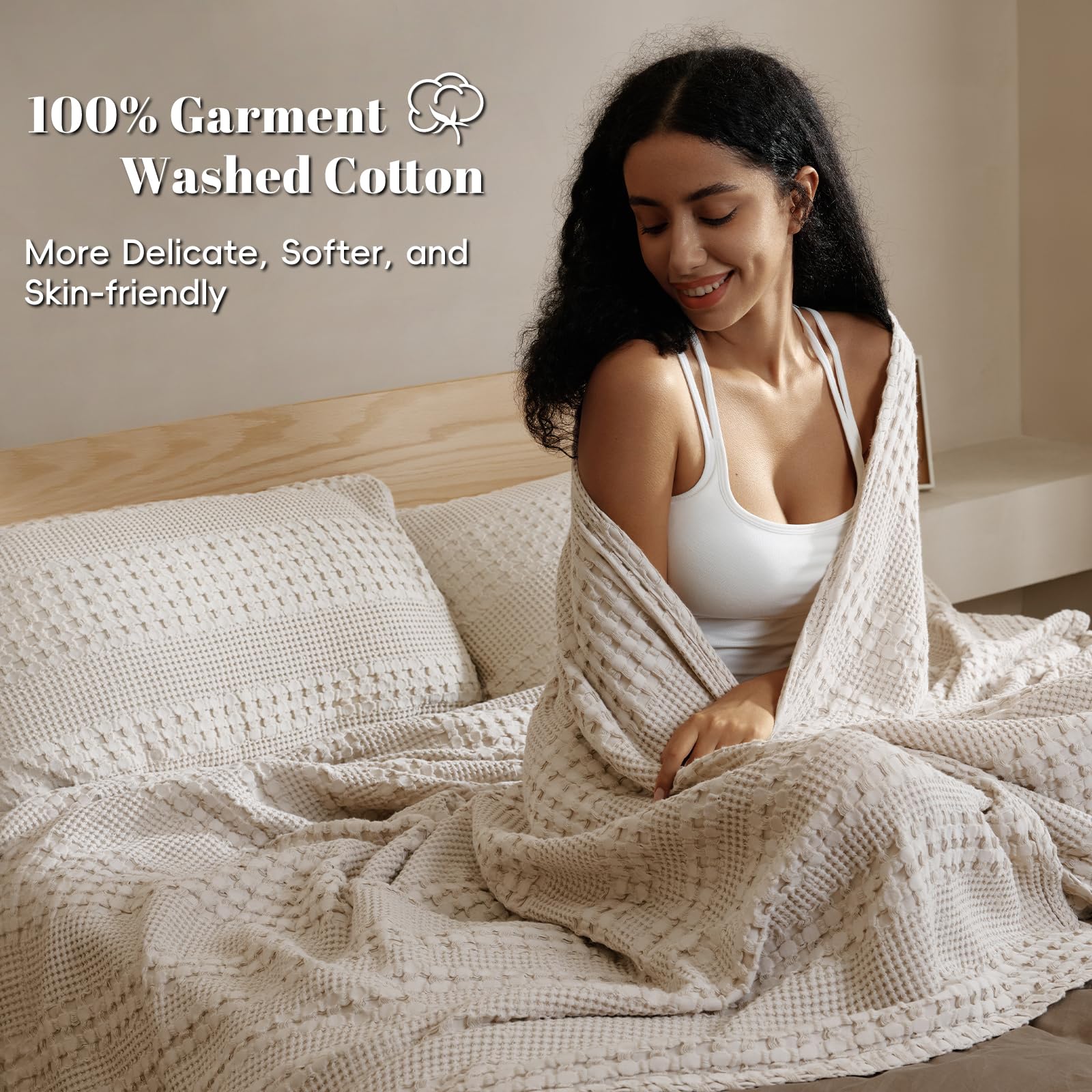 PHF waffle blanket close-up texture highlights breathable cotton weave.