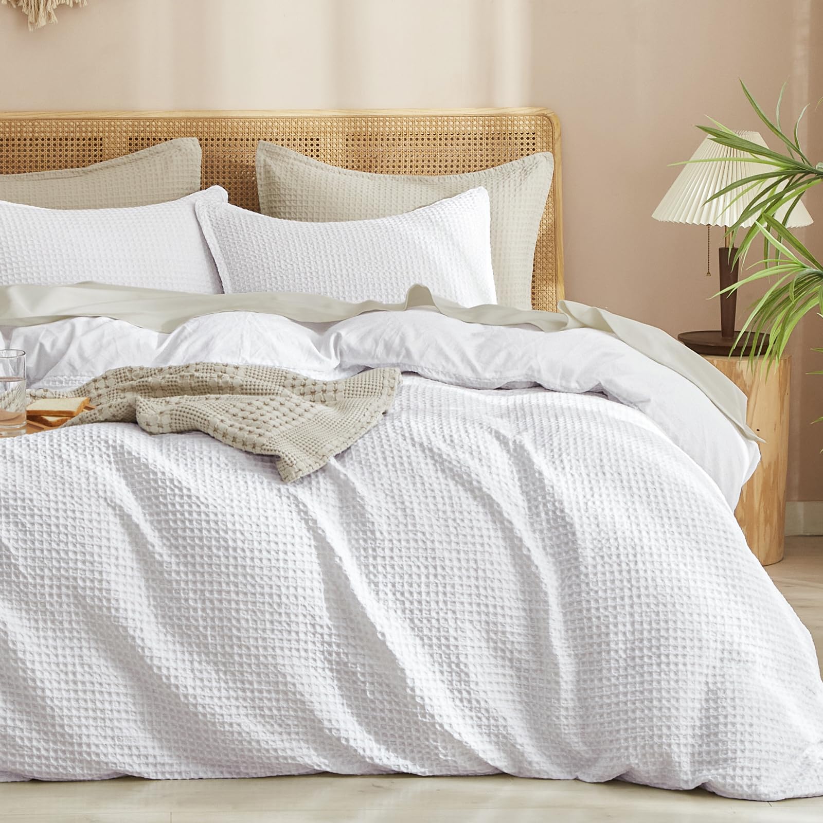PHF waffle weave duvet cover king white close-up showing plush texture for a cozy night