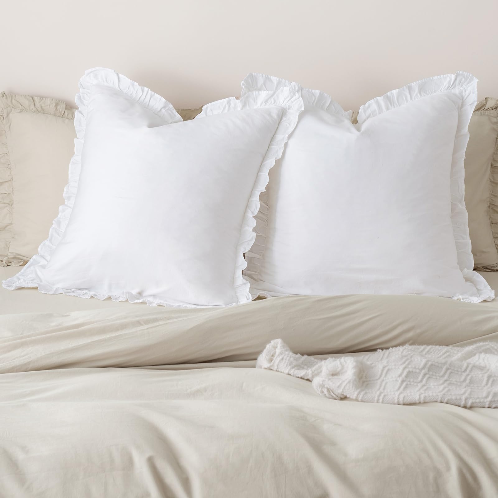 PHF washed cotton euro sham with ruffle in white adds soft farmhouse charm.