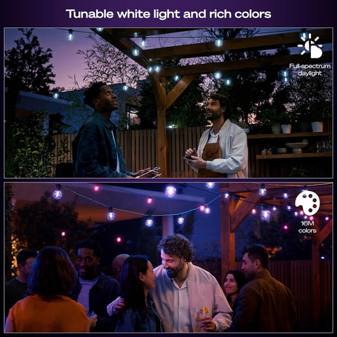 Hue Festavia color ambiance effects brighten gatherings with dynamic outdoor scenes.
