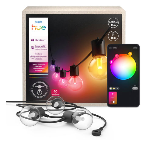 Philips Hue Festavia globe lights create color-rich outdoor ambience with durable polycarbonate bulbs.