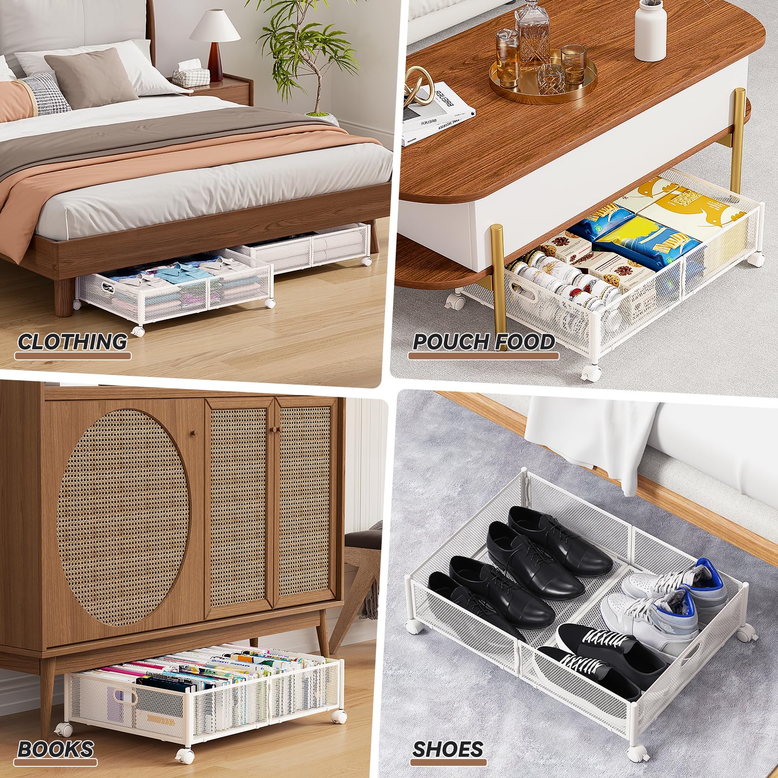 PHINOX quick-assembly under-bed storage demonstrated with tool-free setup in minutes.