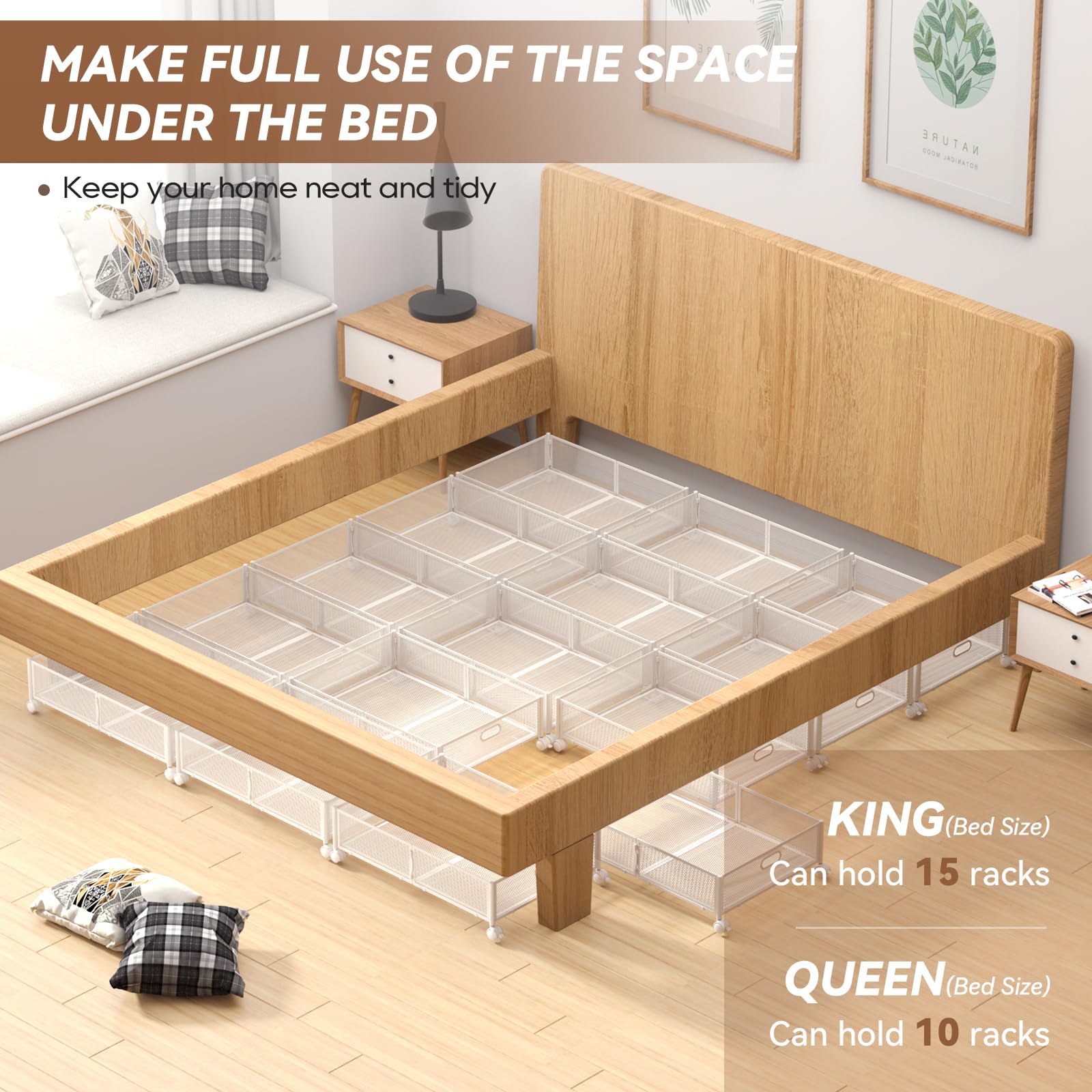 PHINOX under-bed storage in use with clothes for seasonal organization.