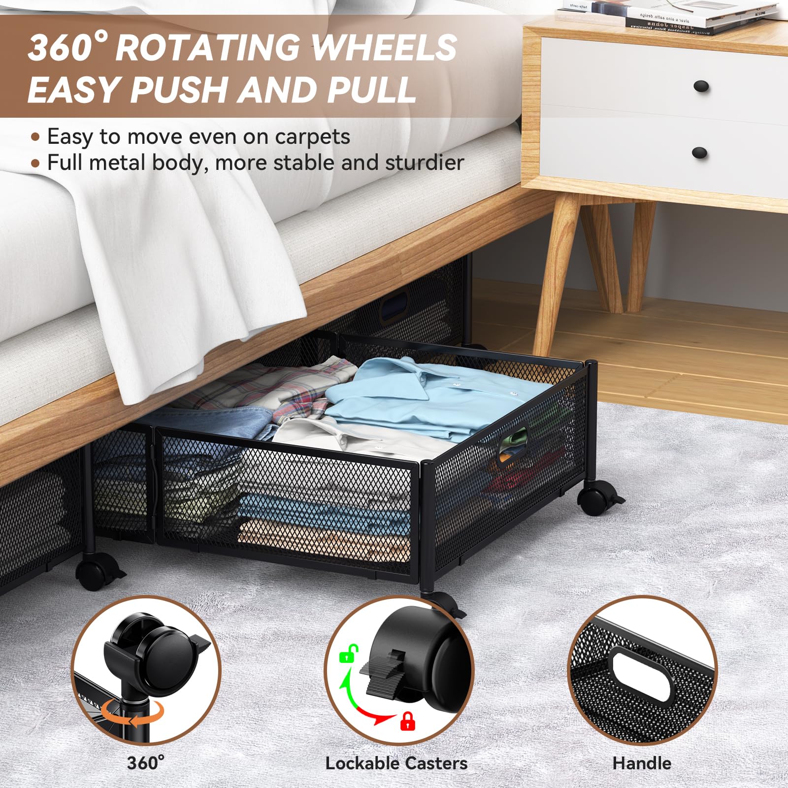 PHINOX under bed storage with lockable wheels keeps items secure and dust-free.