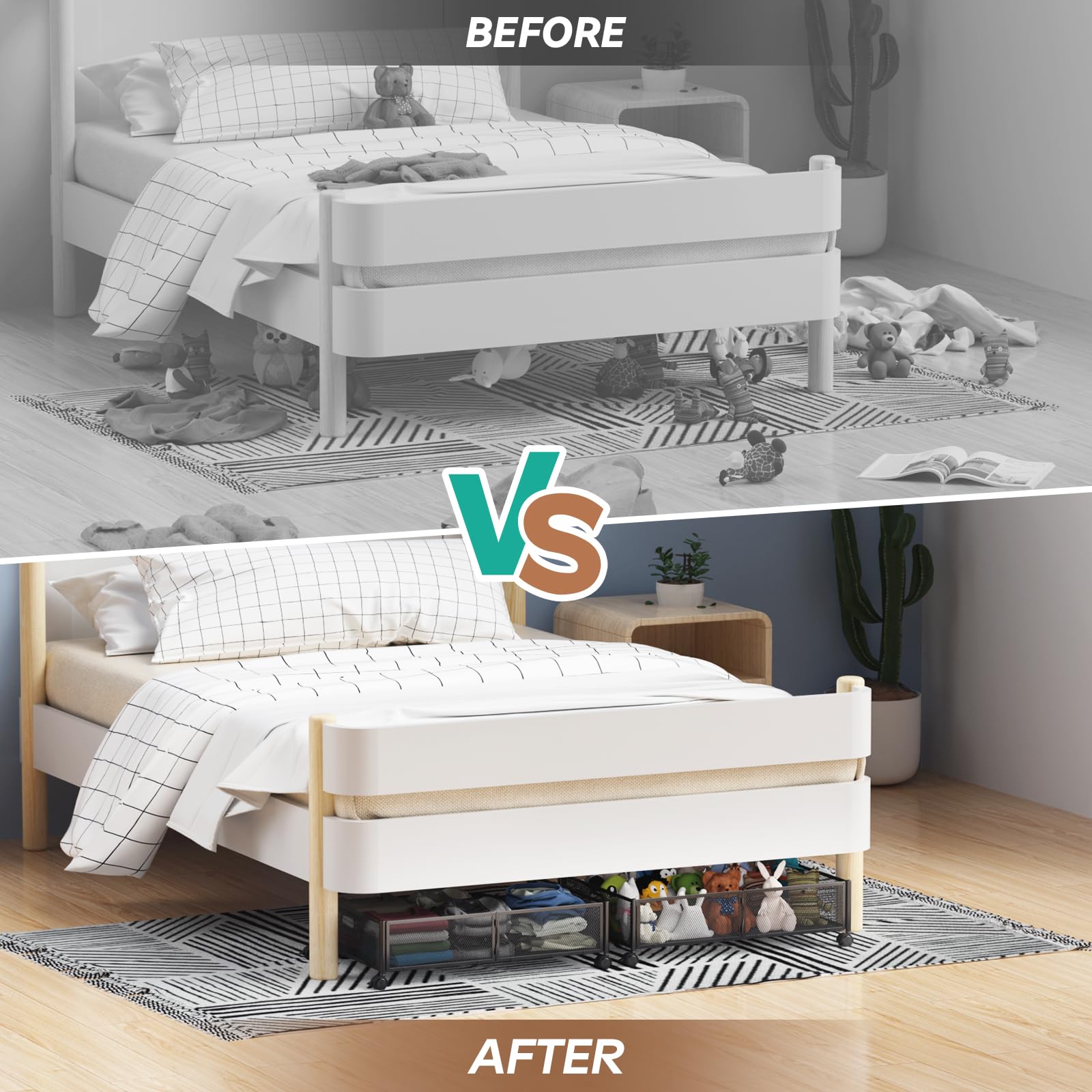 PHINOX black metal storage blends with bedroom décor and stays sturdy.