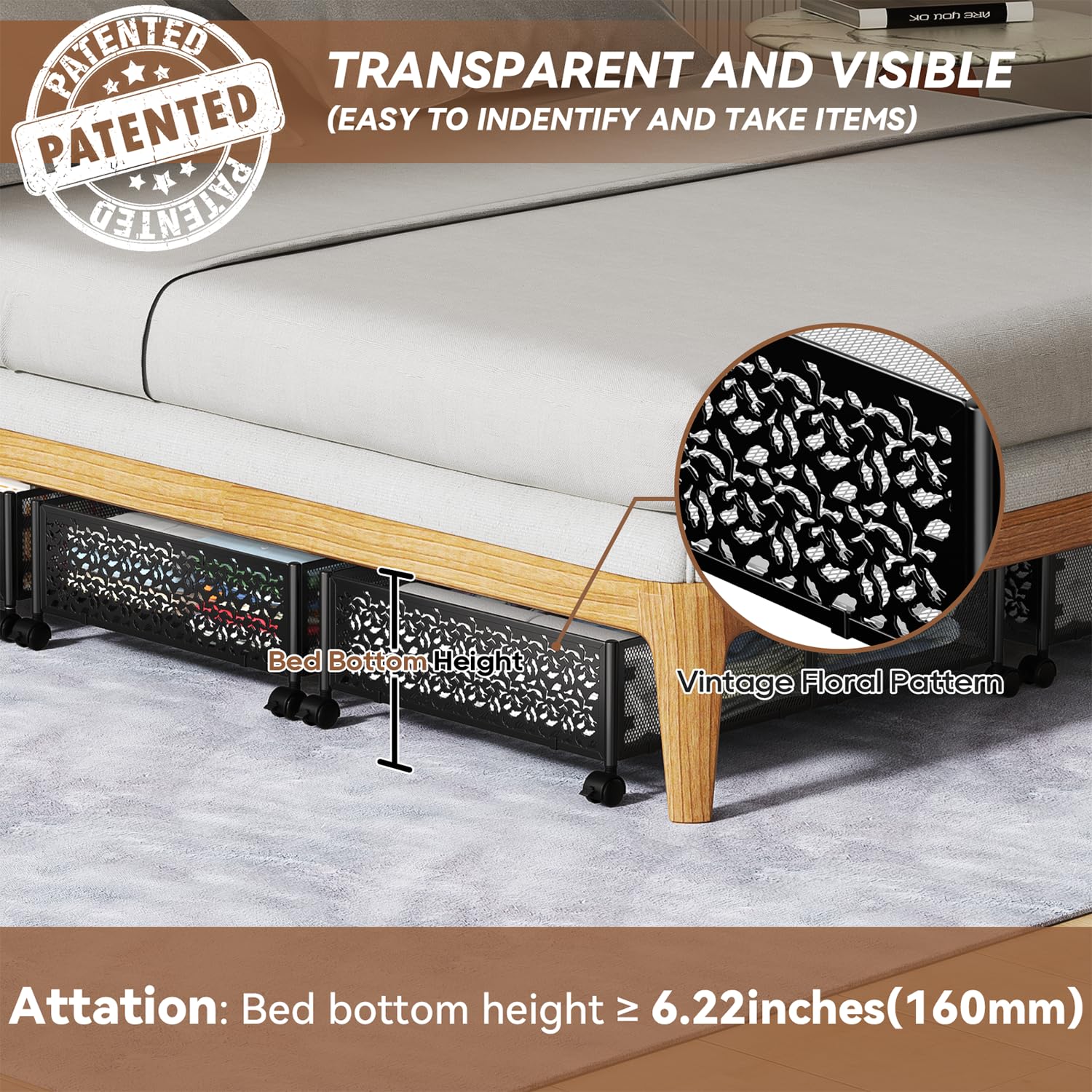 PHINOX under bed storage with wheels open drawer with folded clothes