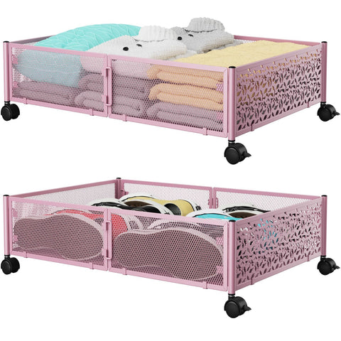 PHINOX under-bed storage with wheels pink front view for easy access under the bed.