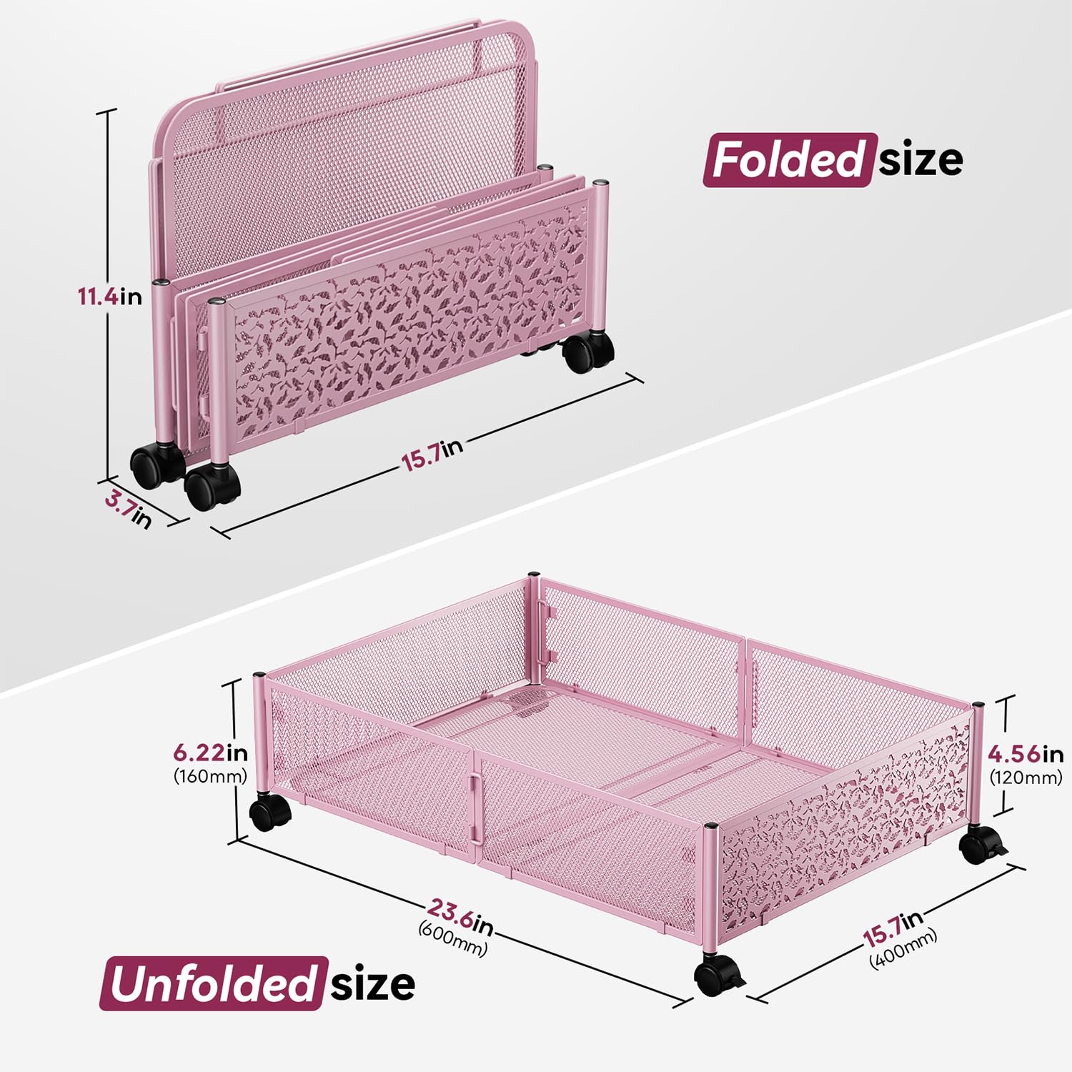 PHINOX pink side view shows slim profile and organized storage under furniture.