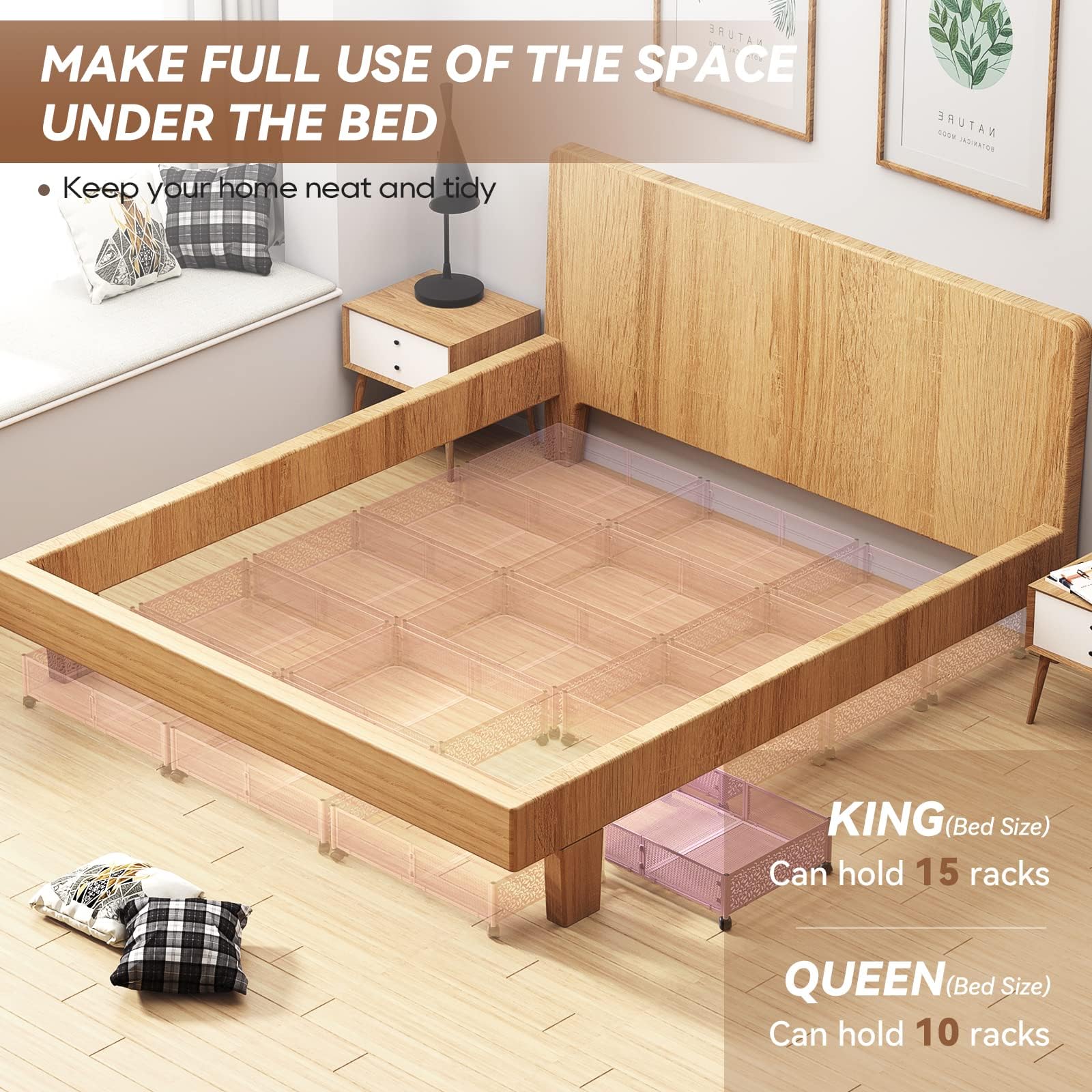 PHINOX pink under-bed in use keeps clutter out of sight.