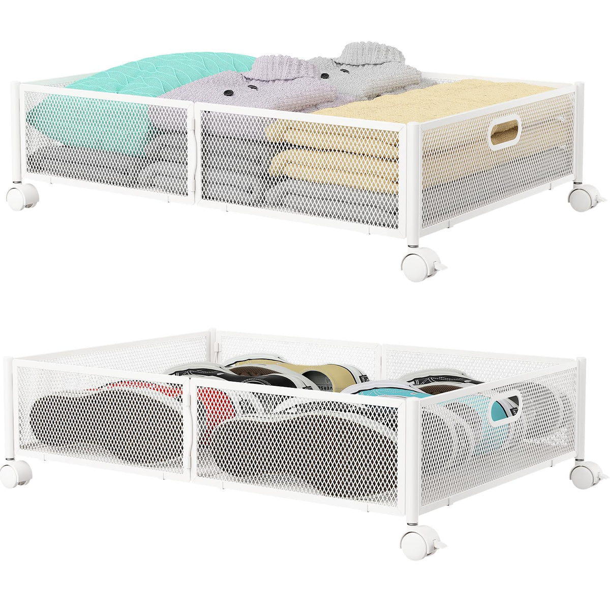 PHINOX under-bed storage with wheels showing durable metal body for organized use.