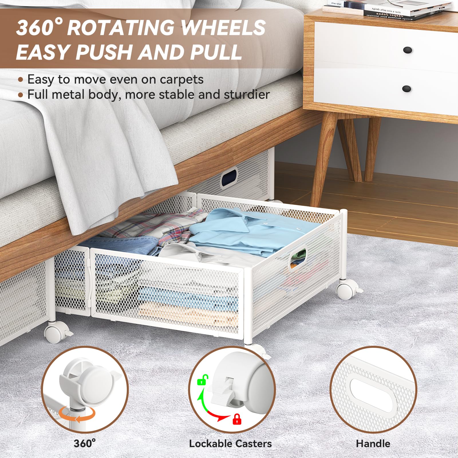 PHINOX wheeled under-bed drawer with locking wheels for secure, easy access.