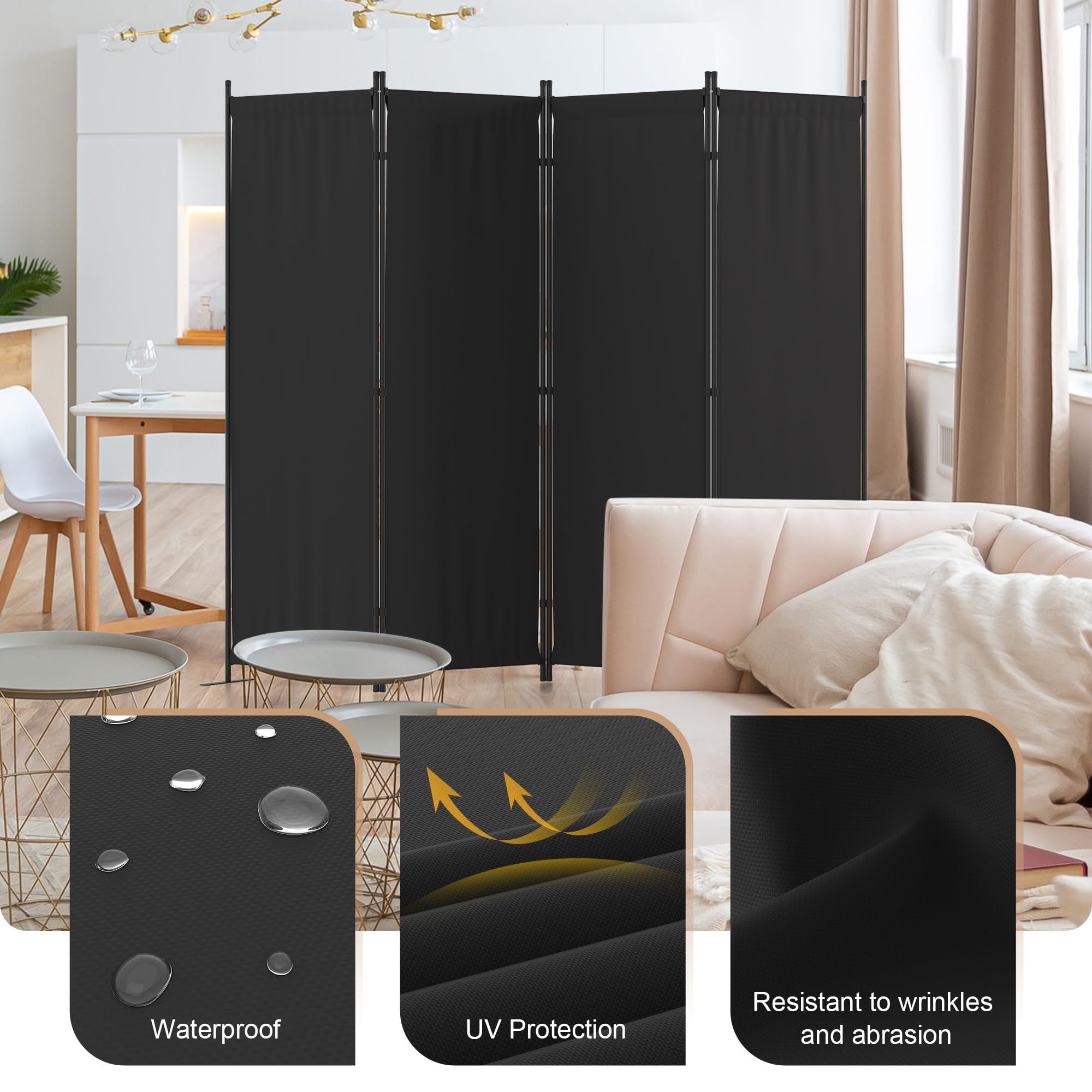 Phonjoroo black room divider with steel frame adds stability and style.