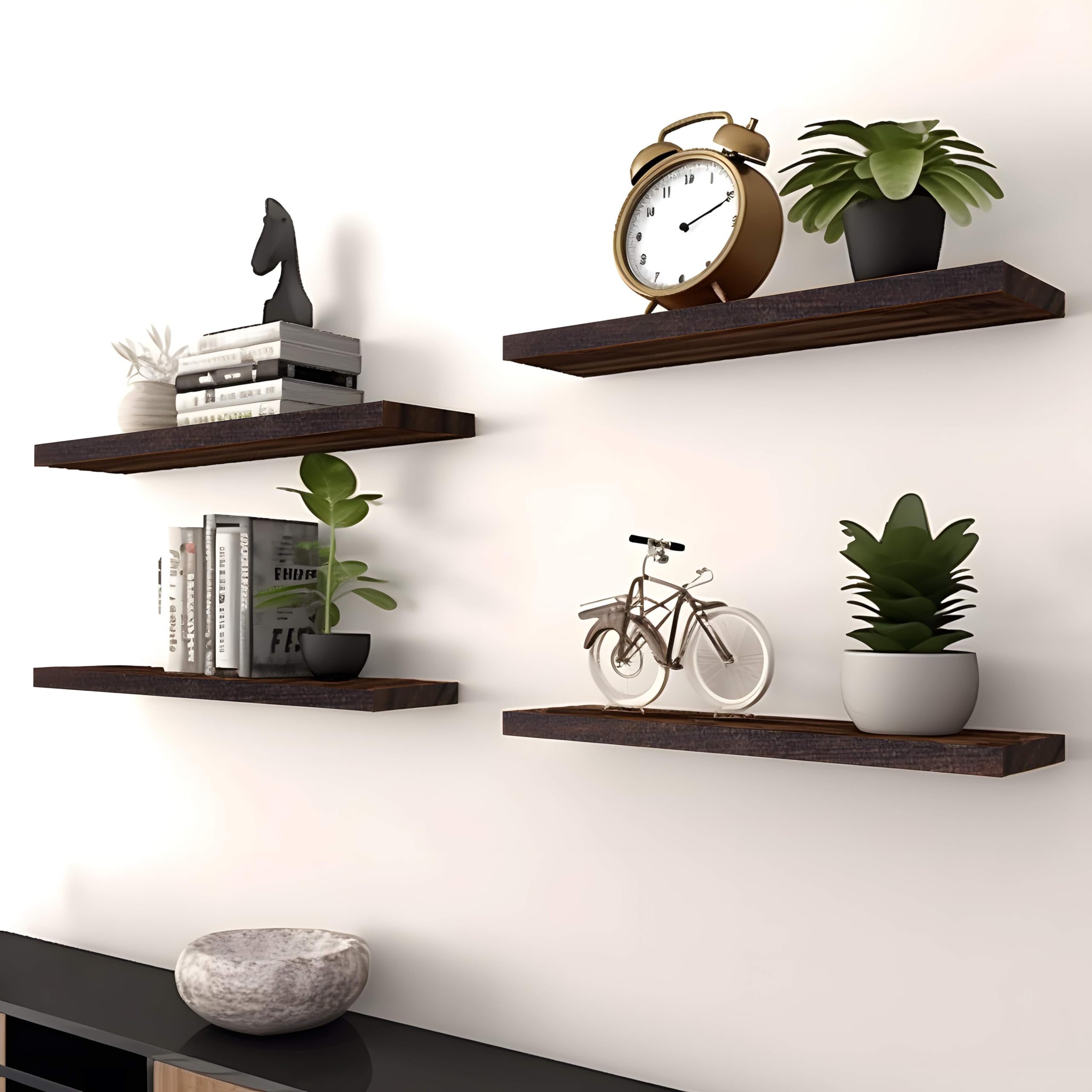 PHPH easy-install floating shelves with drywall anchors and screws included for quick setup.
