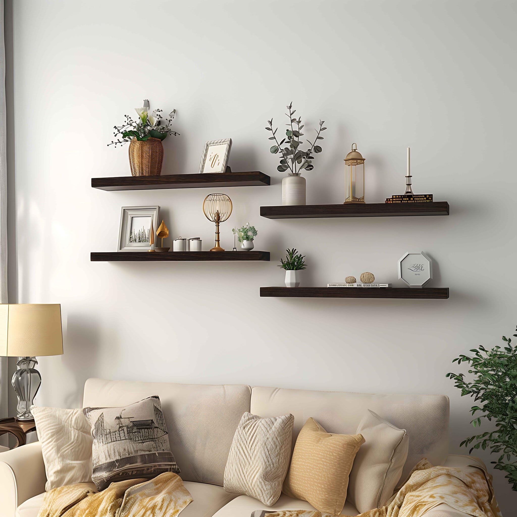 PHPH modern rustic shelves with natural wood grain for décor and storage.