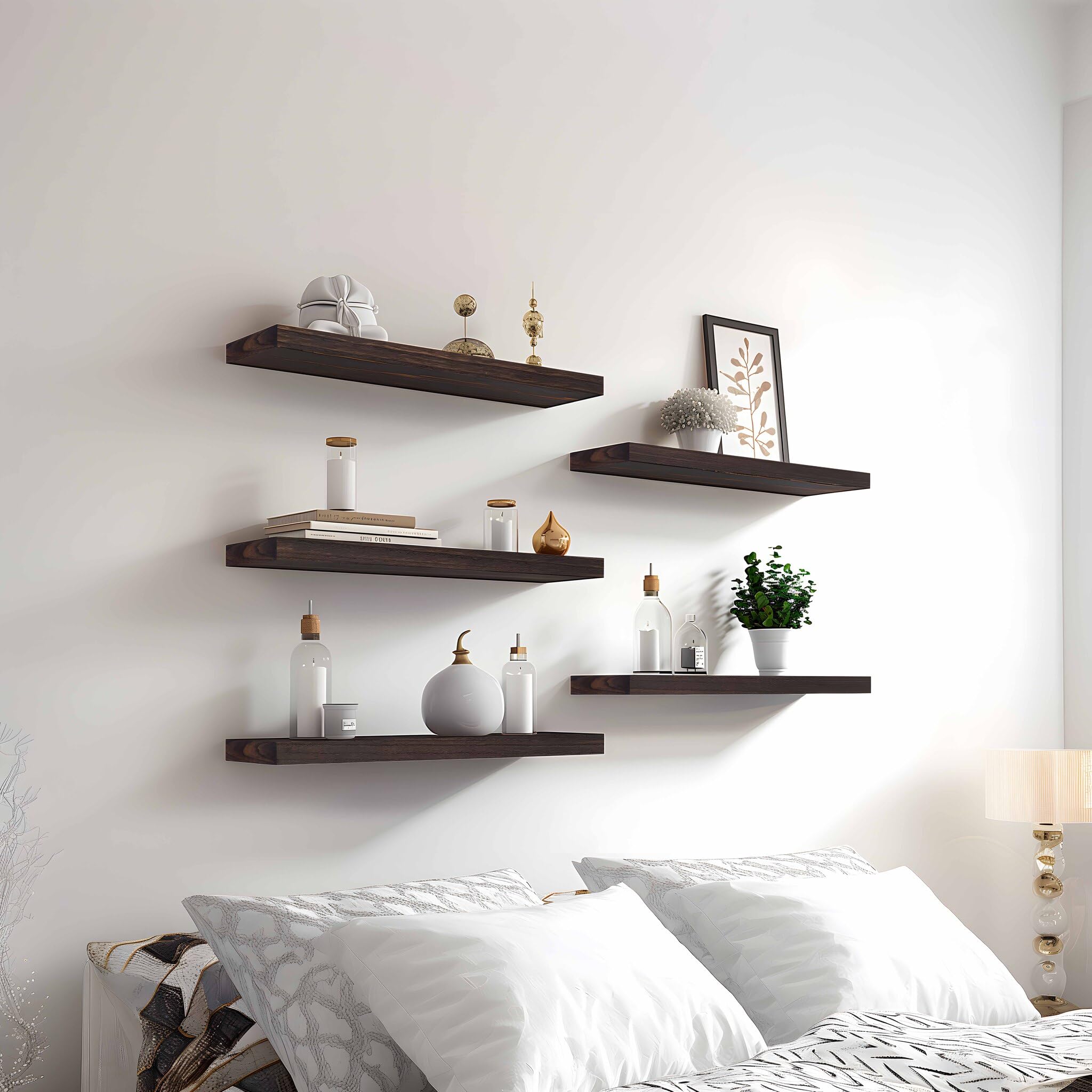 PHPH six-pack brown wall-mounted shelves for bedroom or living room display.