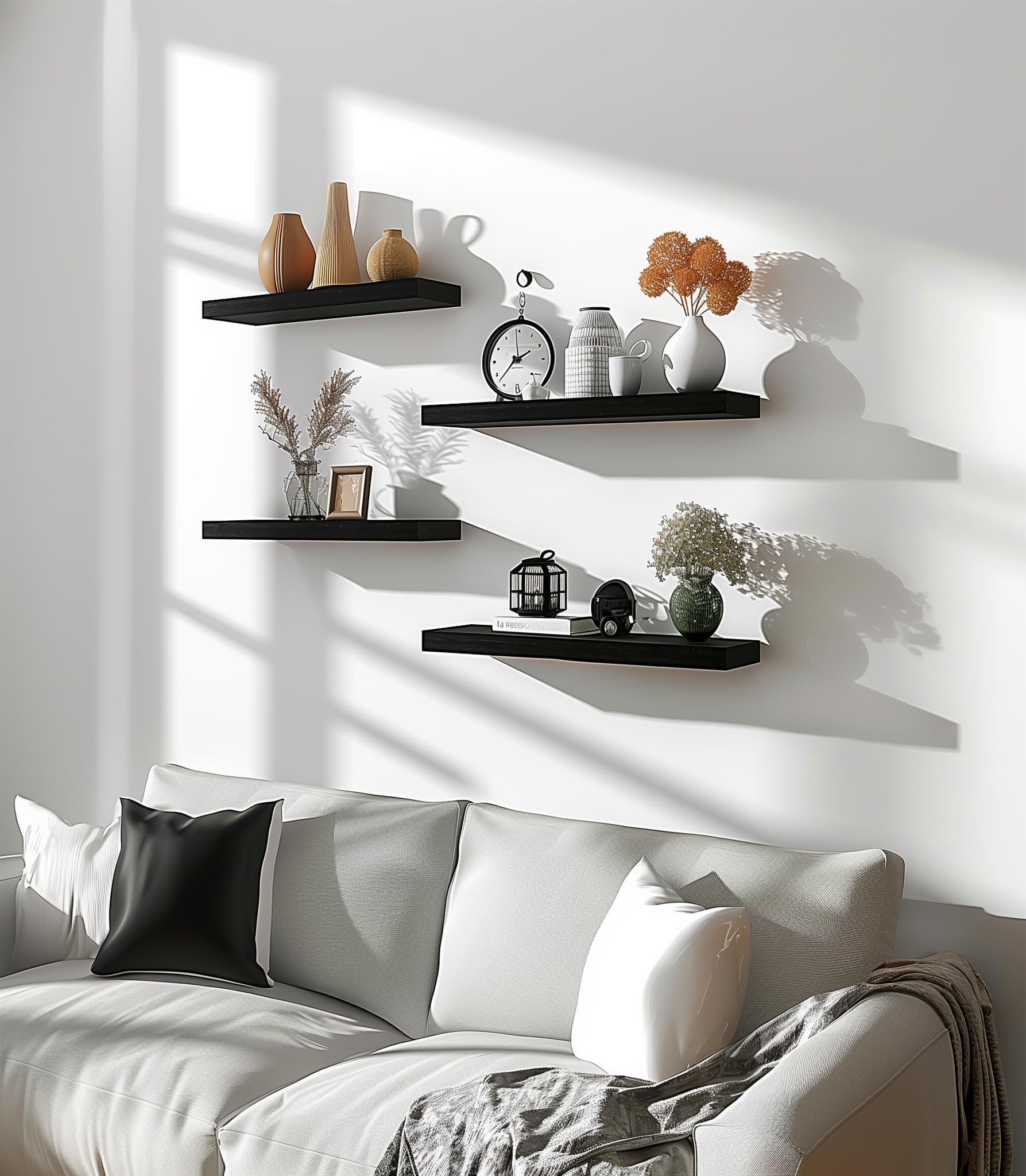 PHPH shelves displaying photo frames and plants for cozy styling
