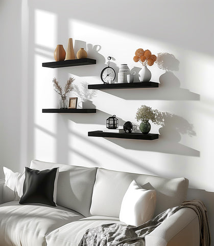 PHPH shelves displaying photo frames and plants for cozy styling