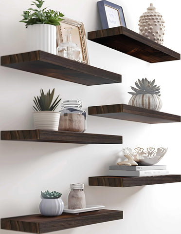PHPH wood floating shelves, 17-inch rectangle, rustic brown for wall storage.