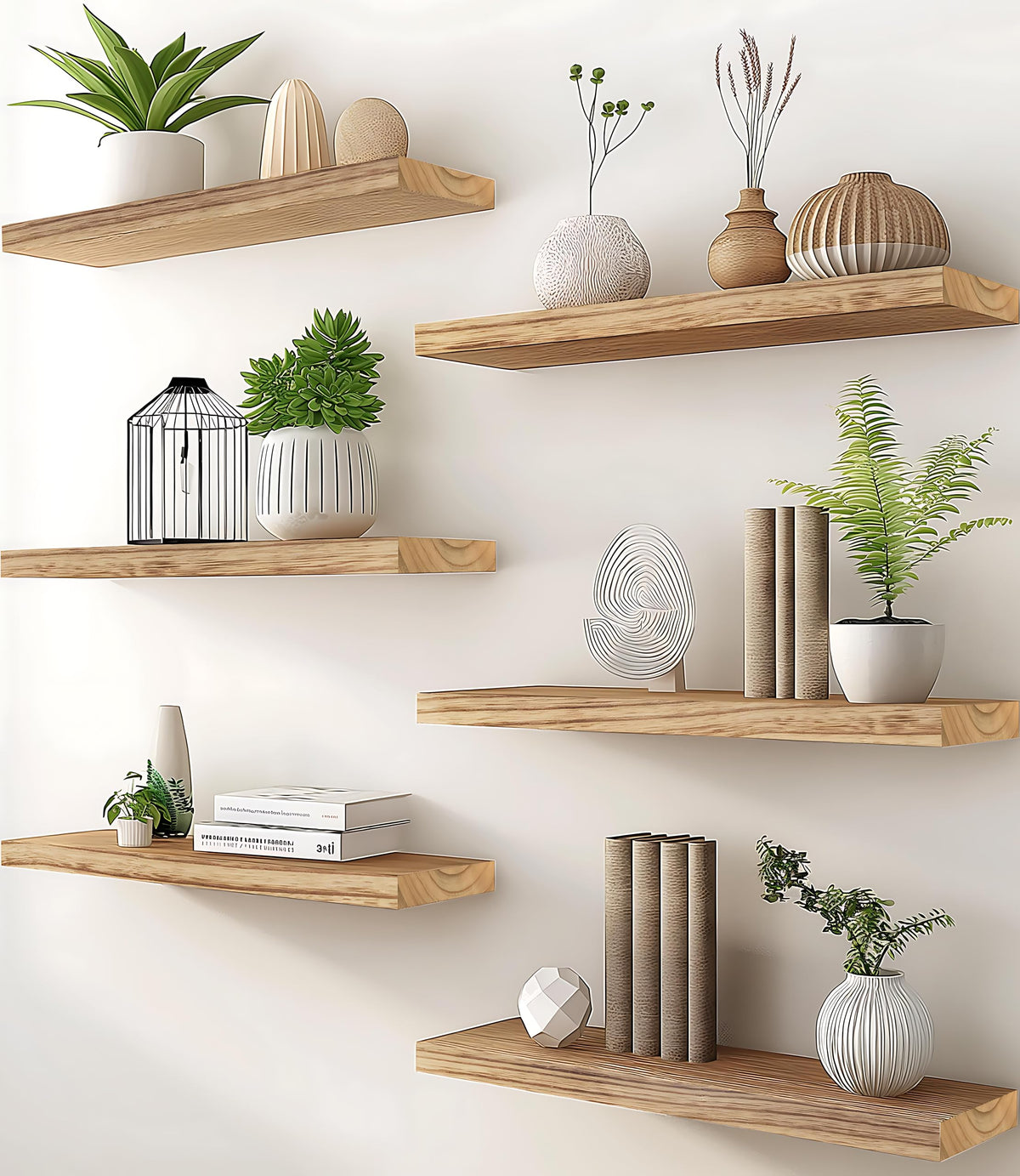 PHPH wood floating shelves six-pack, front view, ideal for displaying photos and decor.