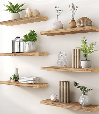 PHPH wood floating shelves six-pack, front view, ideal for displaying photos and decor.