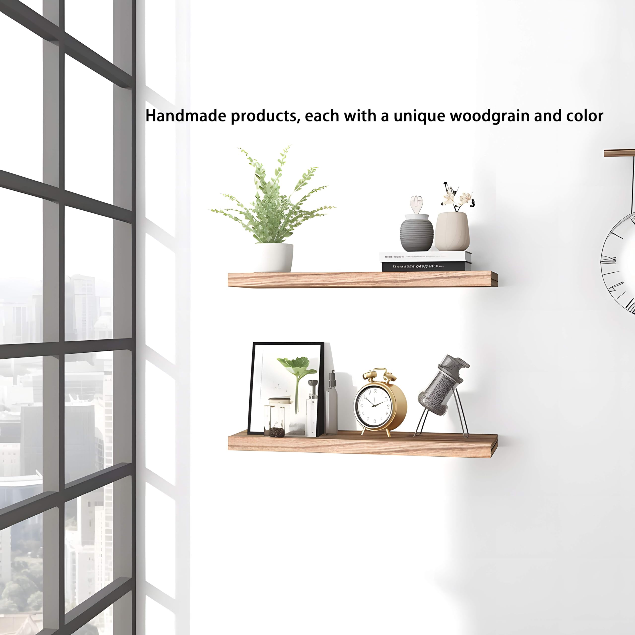 PHPH wood floating shelves six-pack, wall-mount setup, quick and easy installation.