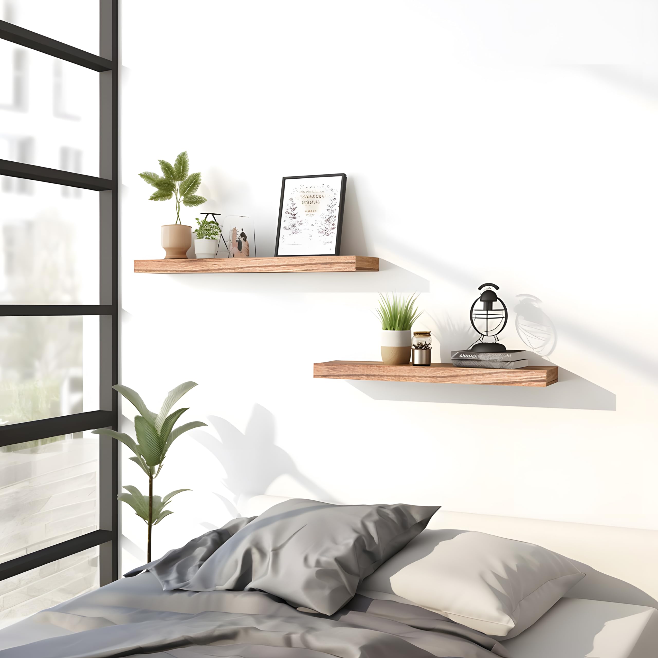 PHPH wood floating shelves six-pack, display photos and small plants for home styling.