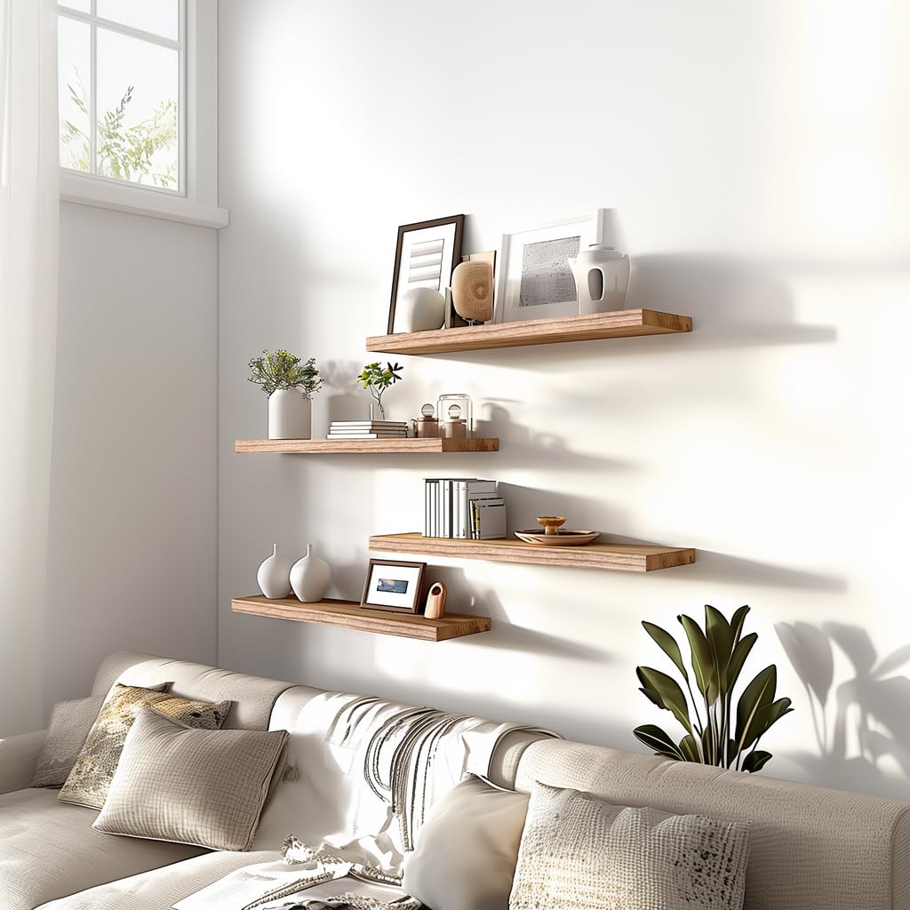 PHPH wood floating shelves six-pack, natural wood grain for a rustic-modern look.