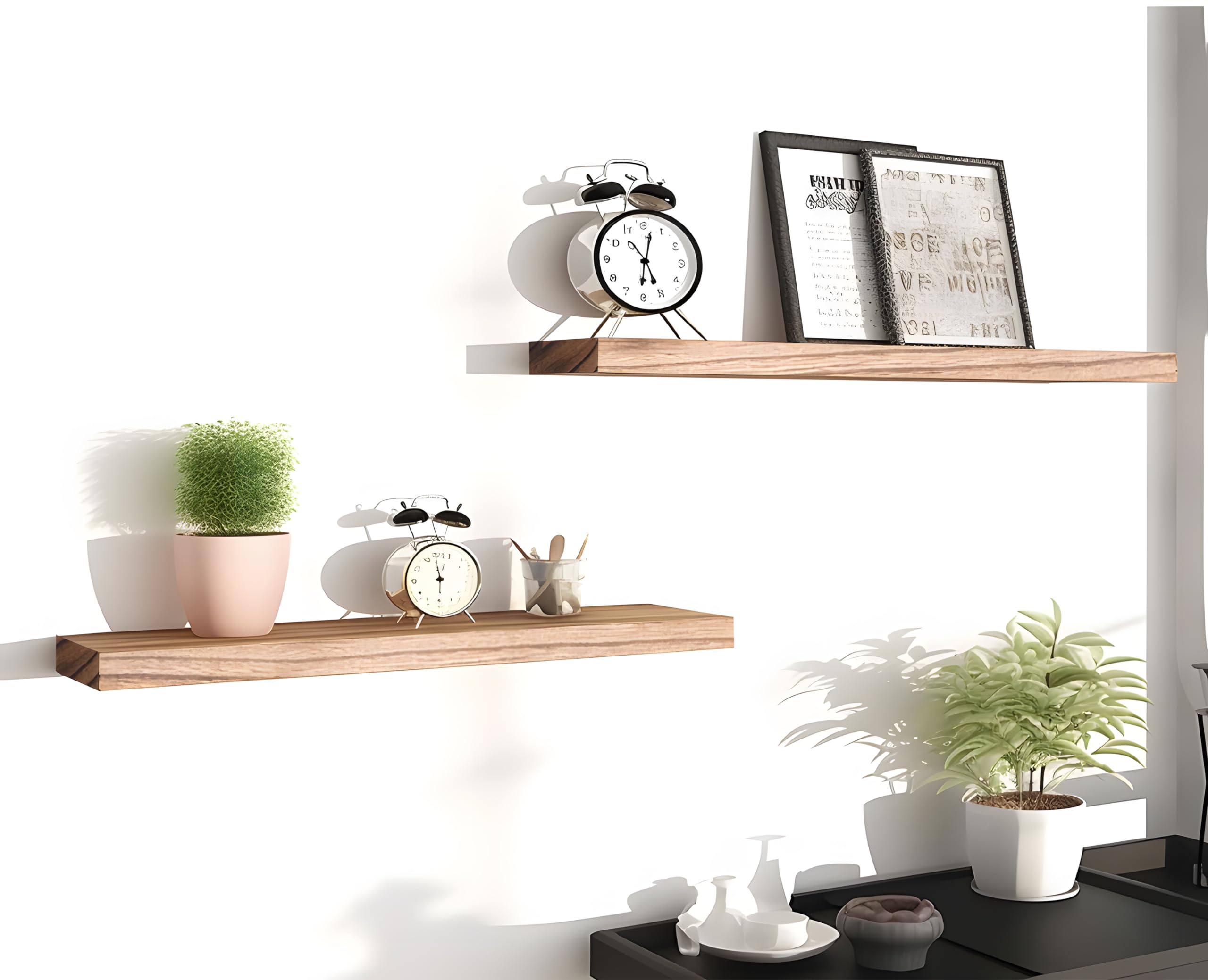 PHPH wood floating shelves six-pack, holds up to 20 lbs for sturdy wall displays.