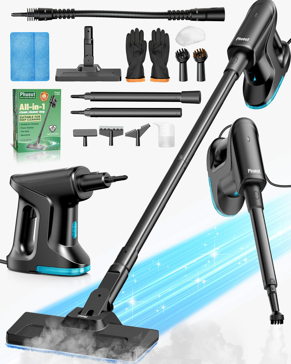 Phueut steam mop head with 180° swivel for easy corner cleaning.