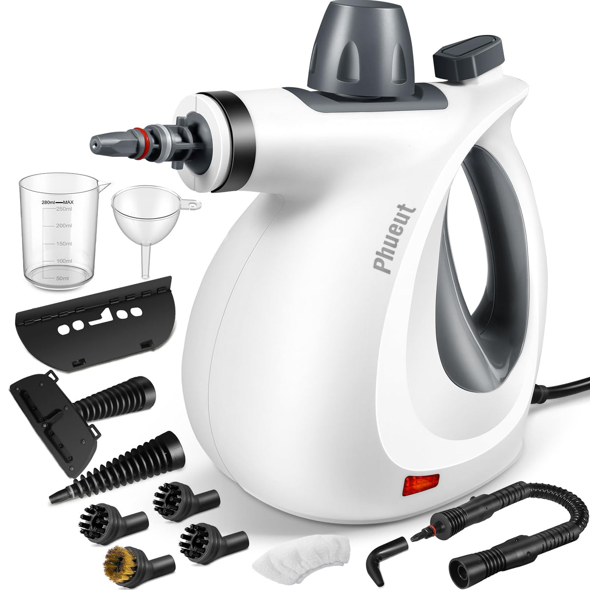 Phueut pressurized handheld steam cleaner for quick, powerful cleaning on floors, counters, and upholstery.