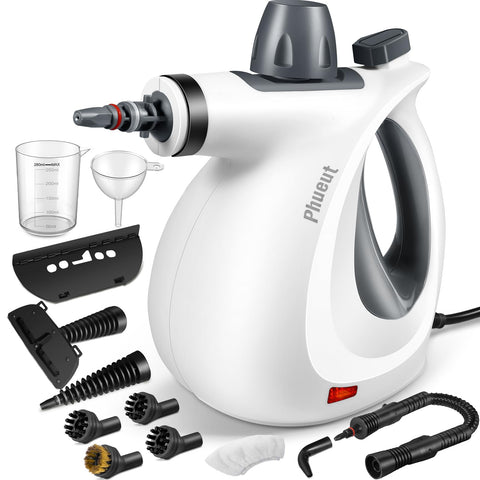 Phueut pressurized handheld steam cleaner for quick, powerful cleaning on floors, counters, and upholstery.