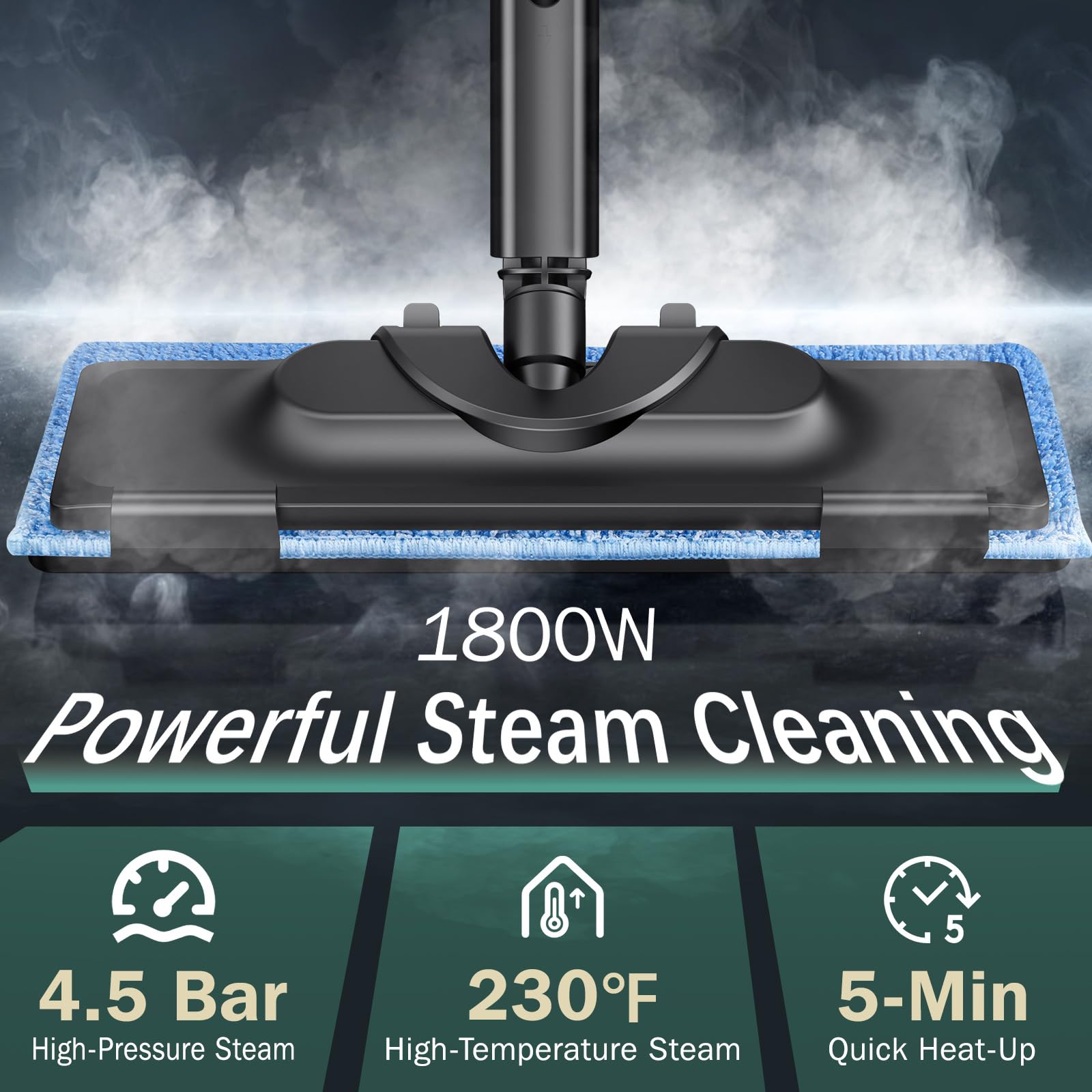 Phueut steam cleaner 1800W heating delivers fast, deep cleaning on tough messes