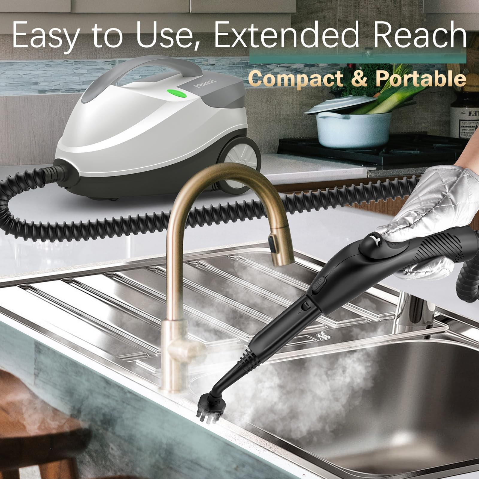 Phueut steam cleaner long hose and cord reach across rooms