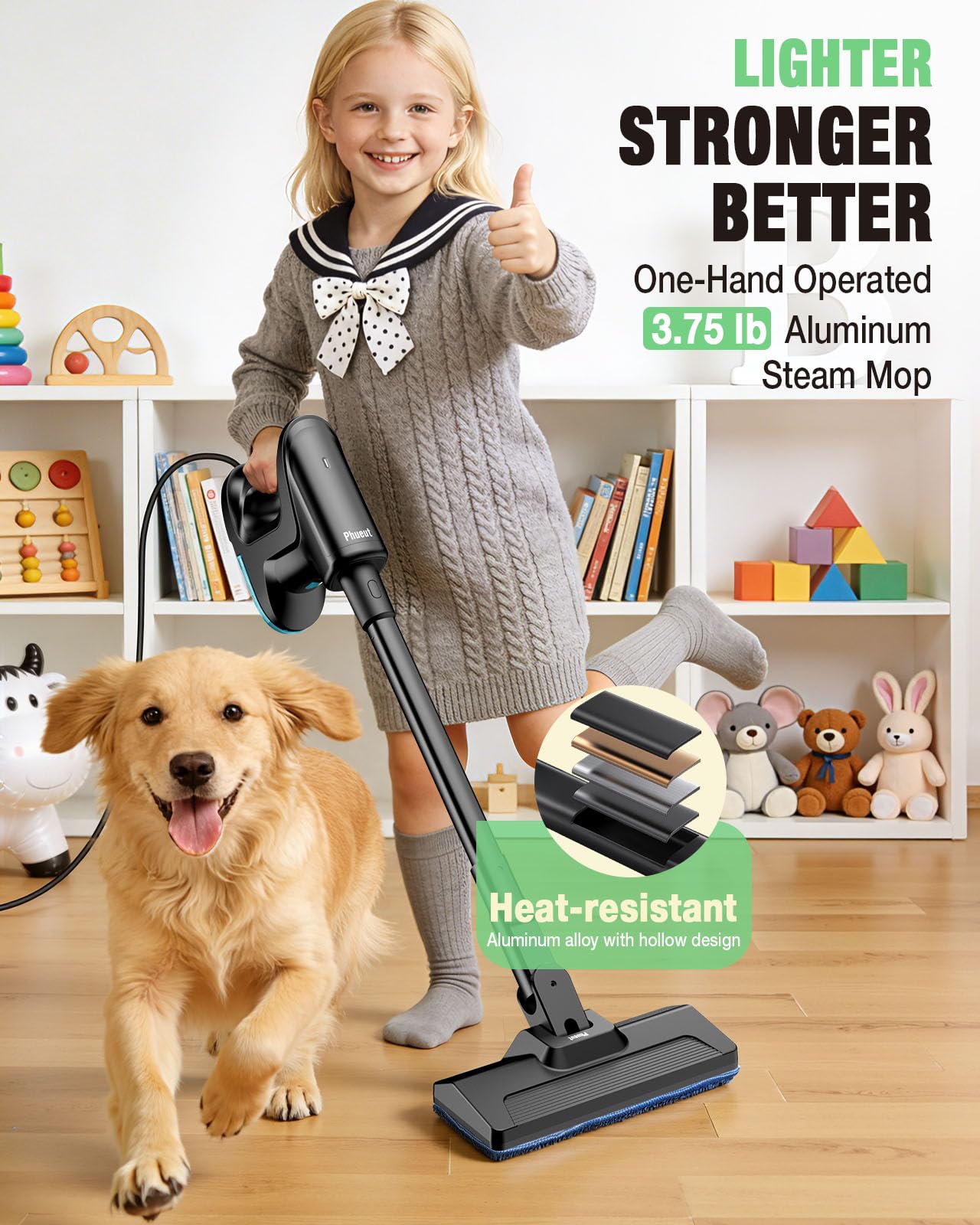 Phueut steam mop in use, cleaning floors with chemical-free steam.