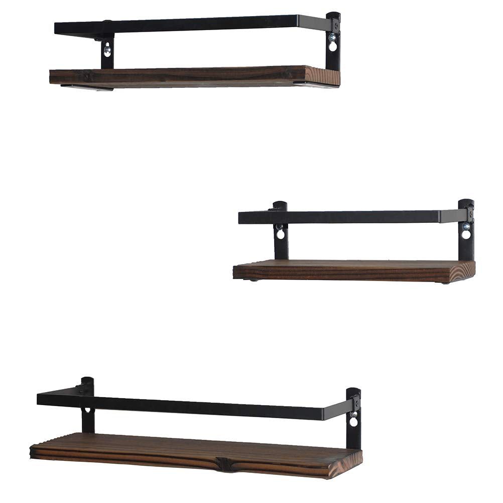 PHUNAYA rustic wood floating shelf set 3 brown with fence design on wall for organized storage.
