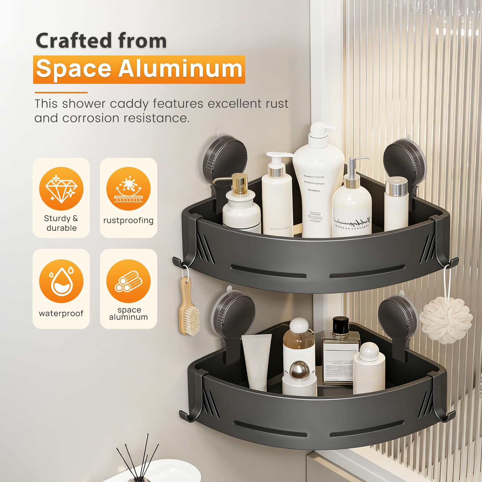 PHX Grove shower organizer with hooks offering quick access to shampoos and body wash