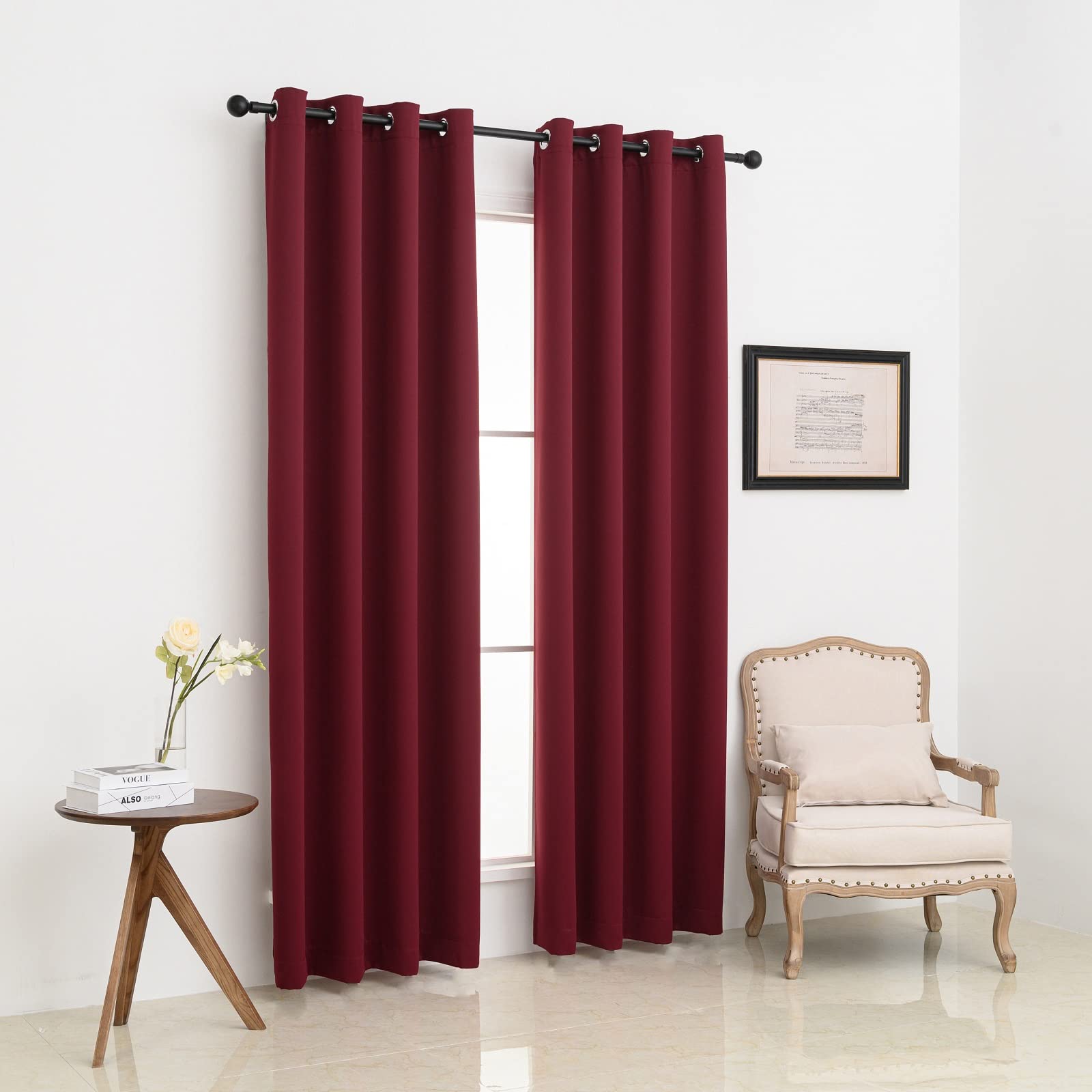 Close-up of Pickluc Burgundy blackout curtain fabric showing 230 g/m² polyester texture.