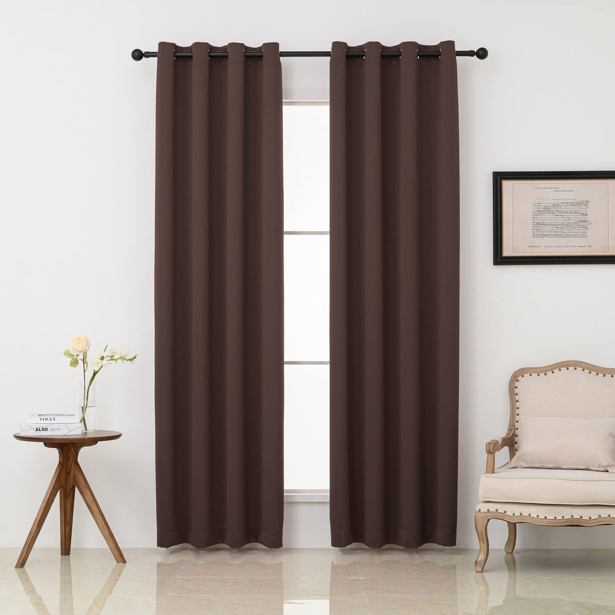 Pickluc grommet blackout curtains in chocolate brown front view for room darkening
