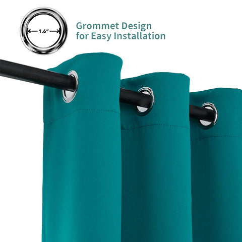 Grommet installation on Pickluc teal blackout curtains enables smooth opening and closing.