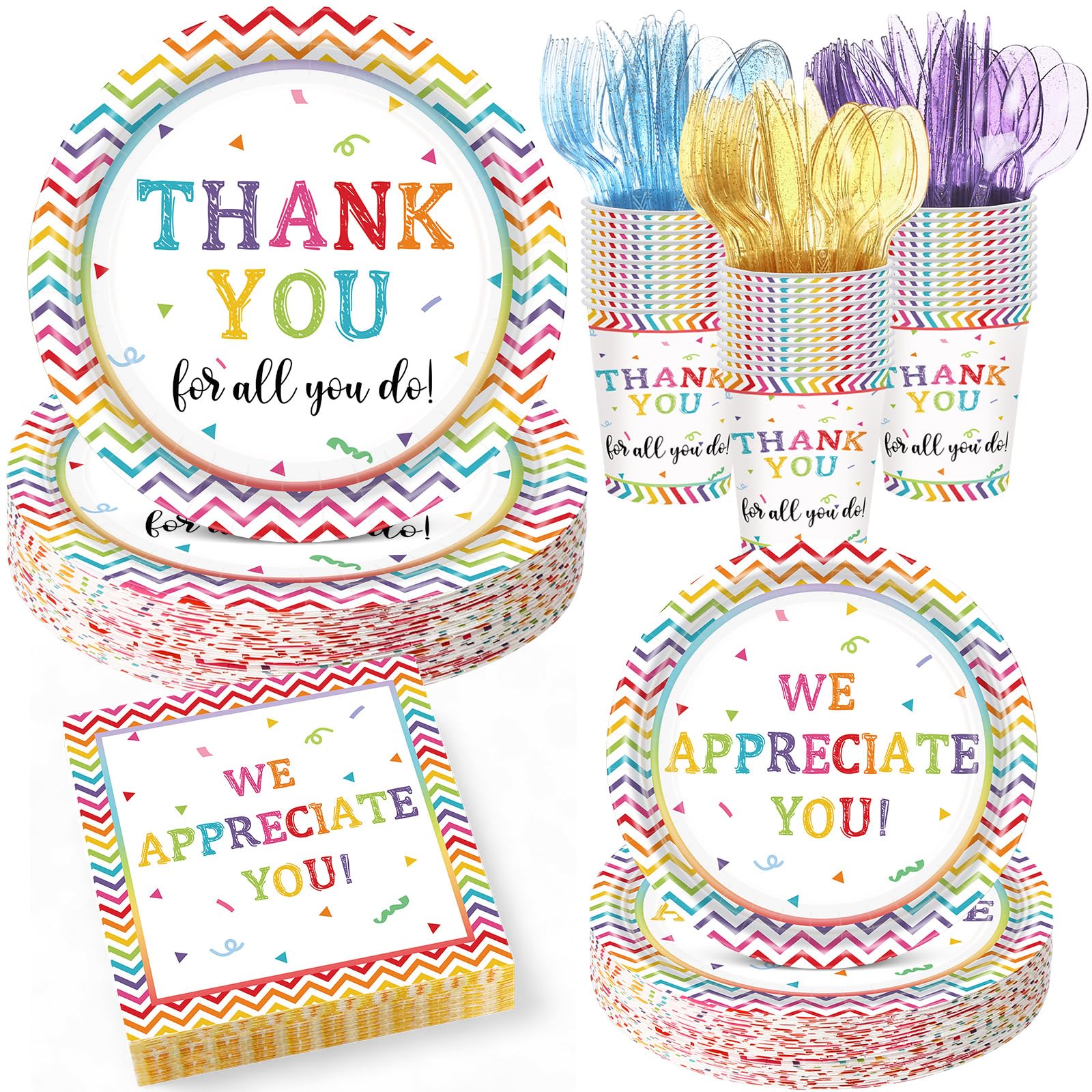 Pickmesh Thank You 9-inch dinner plates with vibrant colors for a polished event.