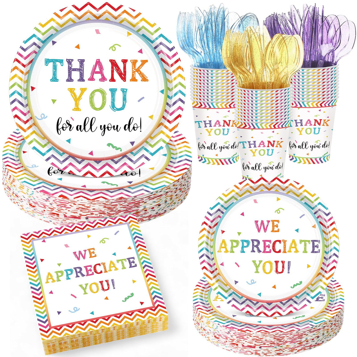 Pickmesh Thank You 9-inch dinner plates with vibrant colors for a polished event.