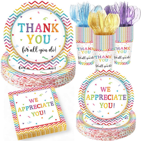 Pickmesh Thank You 9-inch dinner plates with vibrant colors for a polished event.