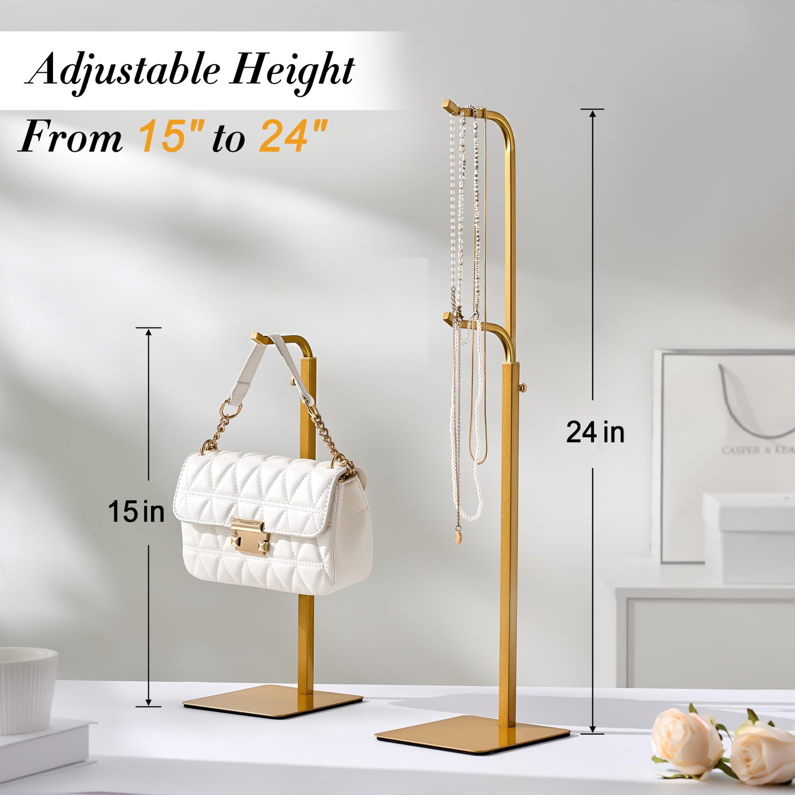 Pickpiff bag display rack in gold, saves counter space while keeping items visible.