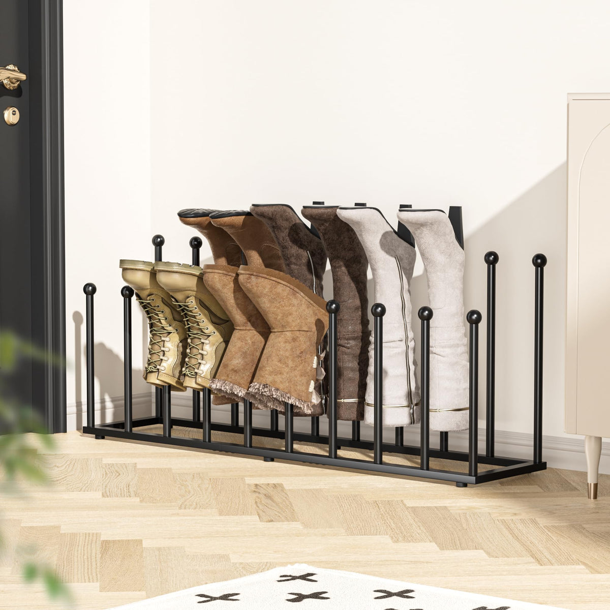 Pickpiff free-standing boot rack showing a 10-pair capacity for organized footwear.