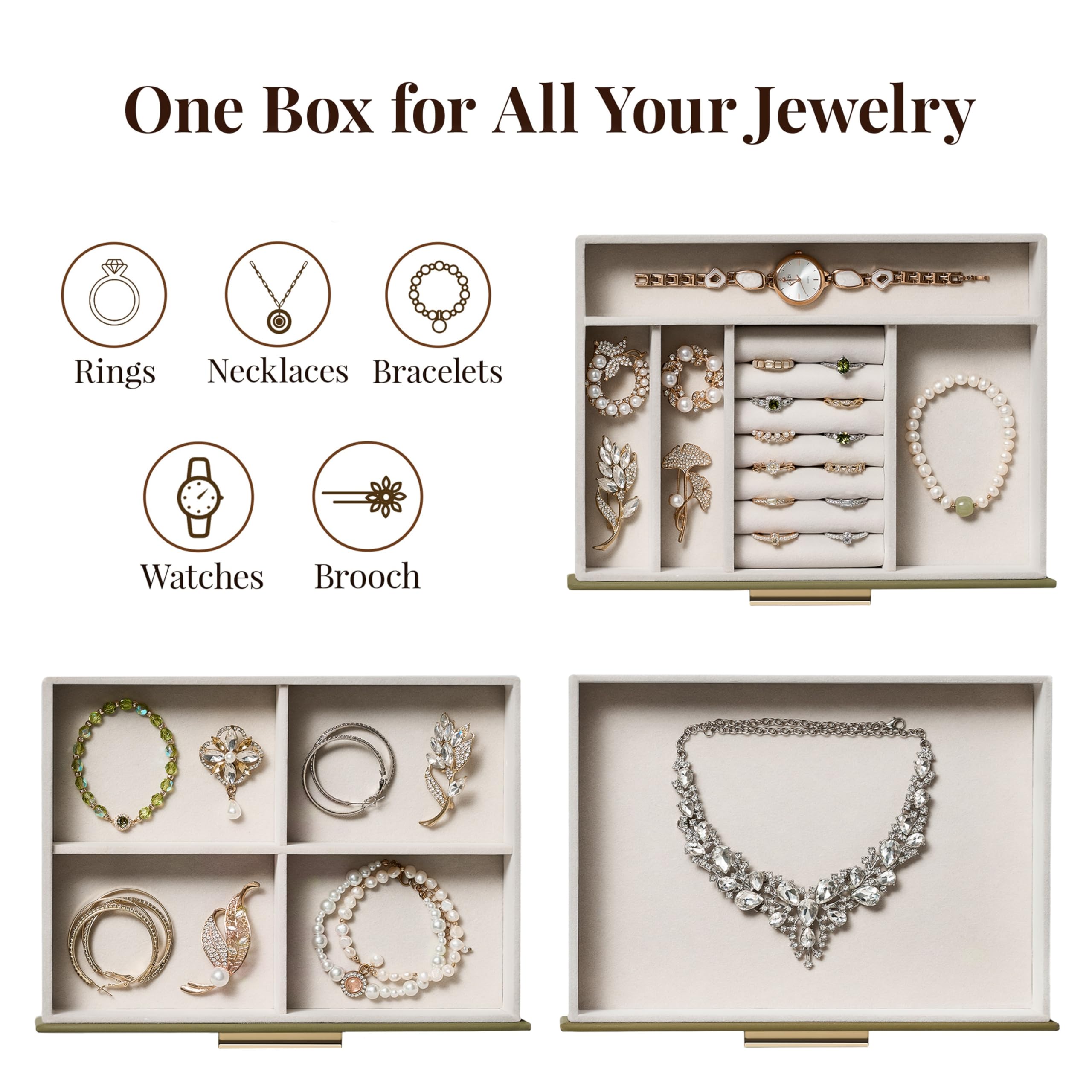 Pickpiff three-drawer design keeps rings and earrings organized.